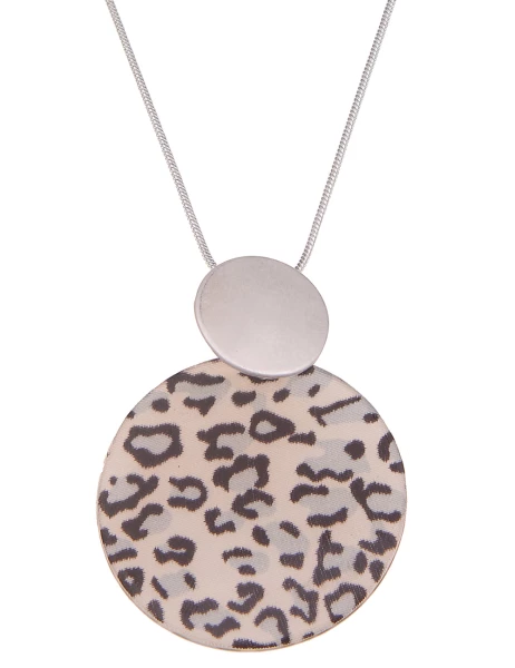 Leslii Damen-Kette Leo-Look Muster-Anhänger Lange Halskette Animal Modeschmuck-Kette Silber Beige