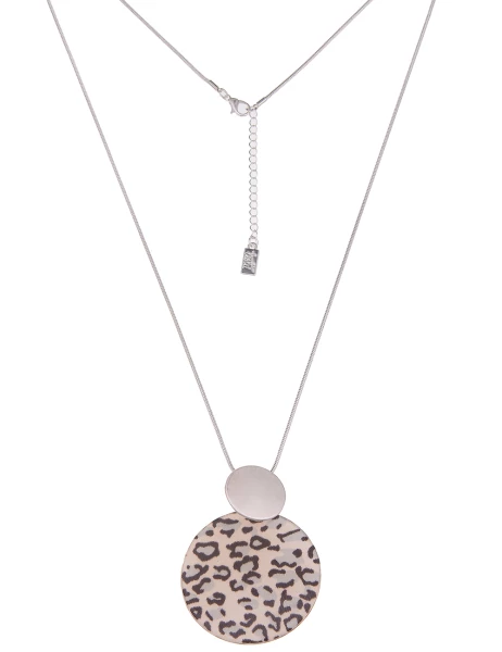 Leslii Damen-Kette Leo-Look Muster-Anhänger Lange Halskette Animal Modeschmuck-Kette Silber Beige