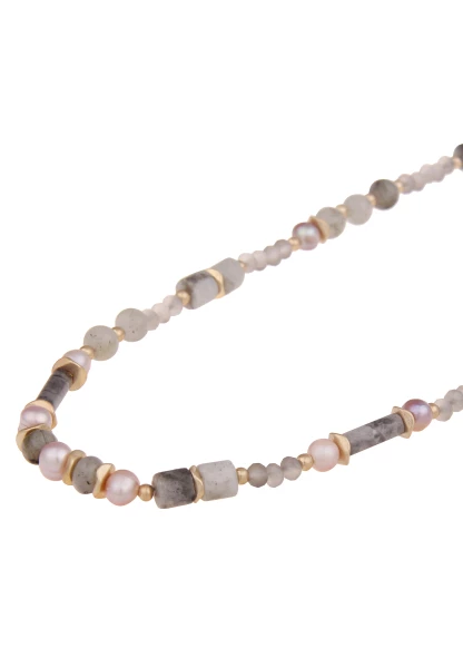 Leslii Damen-Kette Material Mix Echte Perlen Glieder-Kette Natursteine Modeschmuck-Kette Gold Multi