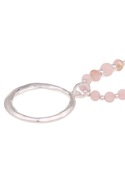 Leslii Damen-Kette Natur-Steine Ring-Anhänger Lange Halskette Modeschmuck-Kette Silber Rosa