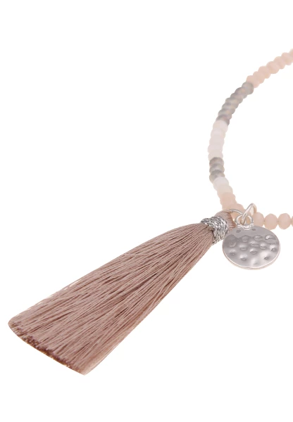 Leslii Damen-Kette Natur-Steine Tassel-Anhänger Lange Halskette Modeschmuck-Kette Beige Grau