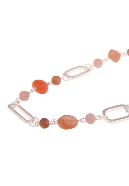 Leslii Damen-Kette Naturstein Lange Glieder-Kette Silber Lachs