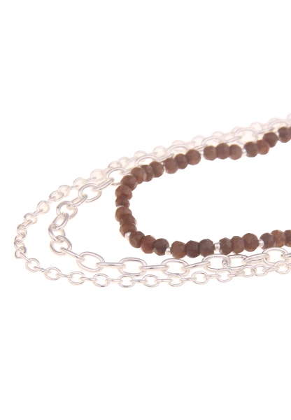 Leslii Damen-Kette Natursteine Glieder-Kette Layer Stein-Kette Kurze Modeschmuck-Kette Silber Braun