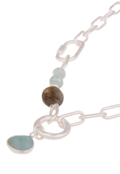 Leslii Damen-Kette Natursteine Glieder-Kette Stein-Kette Kurze Modeschmuck-Kette Silber Türkis