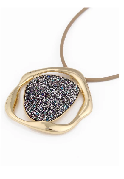 Leslii Damen-Kette Paola Glitzer-Anhänger Lederlook-Kette Lange Modeschmuck-Kette Gold Braun