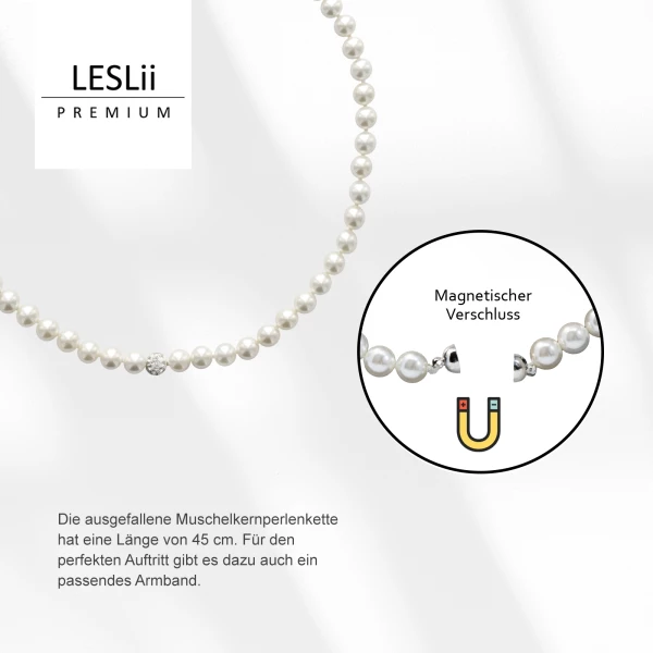 Leslii Damen-Kette Perlen-Collier Weiße Perlen-Kette Strass-Kugel Weiß