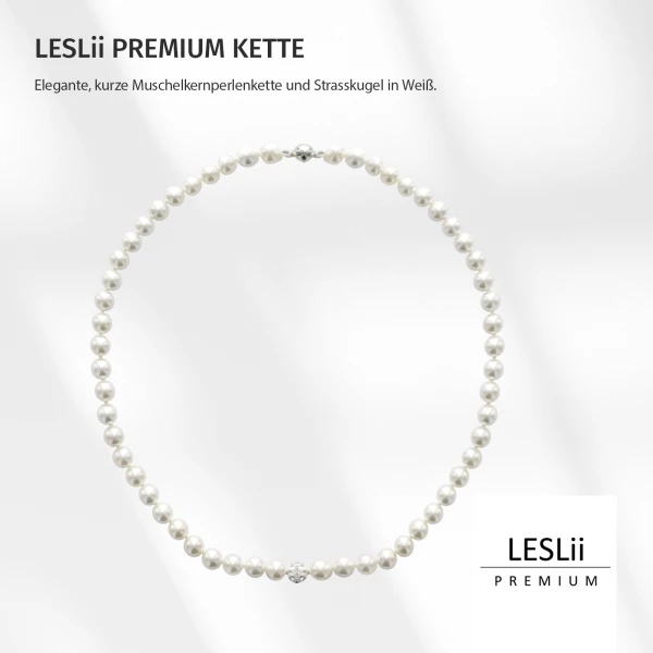 Leslii Damen-Kette Perlen-Collier Weiße Perlen-Kette Strass-Kugel Weiß