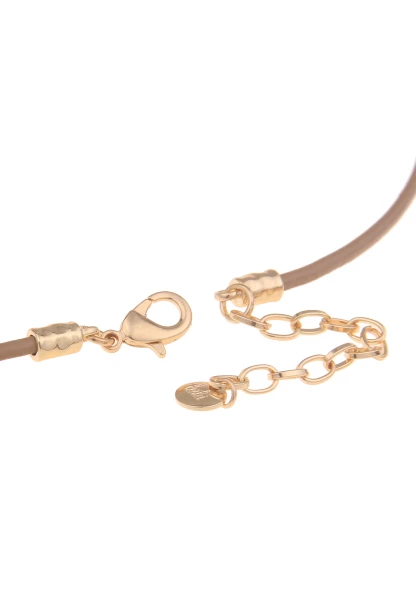Leslii Damen-Kette Ring-Anhänger Glitzer Lange Halskette Lederlook-Band Modeschmuck Gold Beige