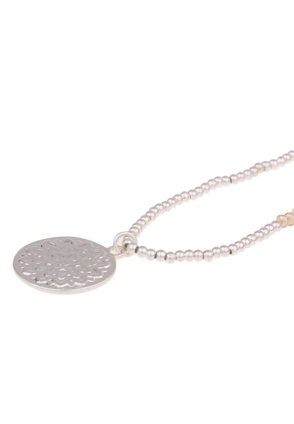 Leslii Damen-Kette Rita Flower Blumen-Anhänger Glas-Perlen Weiße Perle Modeschmuck-Kette Braun