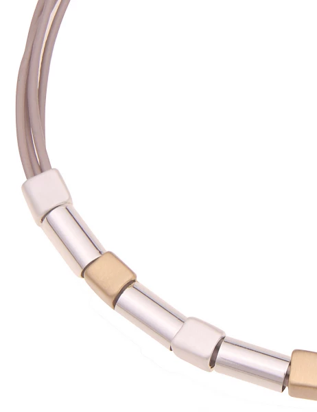 Leslii Damen-Kette Röhren Würfel Statement-Kette Leder-Look Kurze Modeschmuck-Kette Taupe Silber