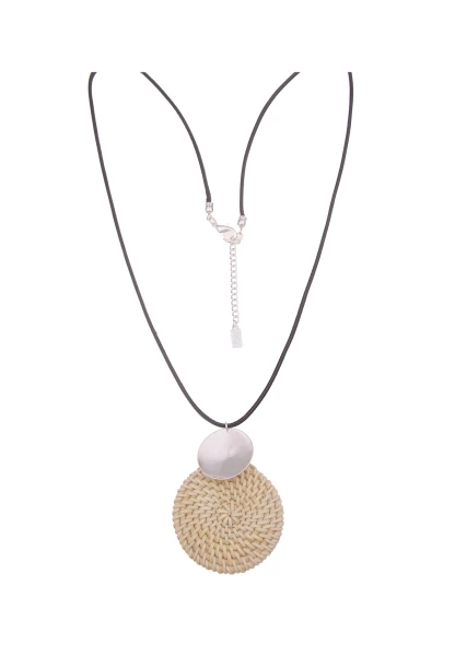 Leslii Damen-Kette Statement Bast-Scheibe Natur Lange Halskette Modeschmuck Schwarz Beige