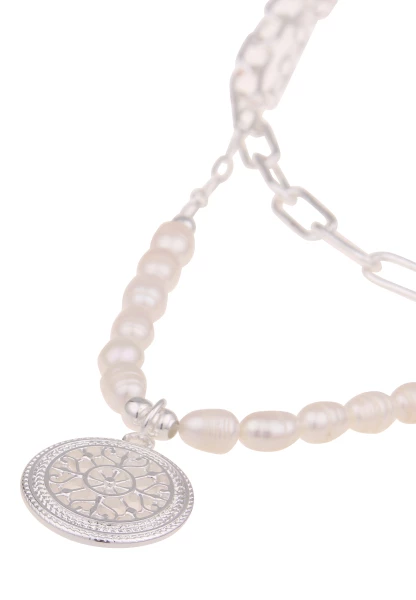 Leslii Damen-Kette Statement Perlen-Kette Layering Glieder-Kette Silber Weiß