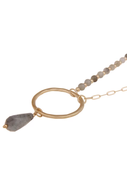 Leslii Damen-Kette Stein-Anhänger Tropfen Glieder-Kette Natursteine Modeschmuck-Kette Gold Grau