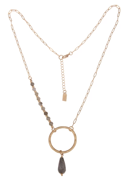 Leslii Damen-Kette Stein-Anhänger Tropfen Glieder-Kette Natursteine Modeschmuck-Kette Gold Grau