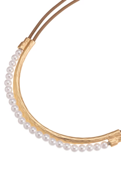 Leslii Halskette Layering Perlen Lederlook-Band Braun Gold