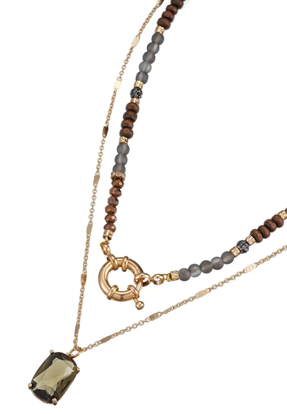 Leslii Kurze Halskette Holzperlen Layering Braun Gold
