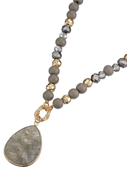 Leslii Kurze Halskette Holzperlen Stein Grau