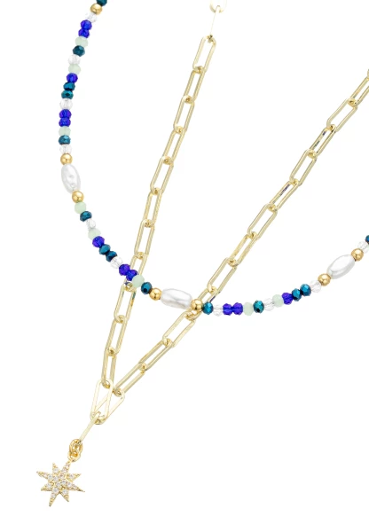 Leslii Kurze Kette Layering Kristallsteine Blau Petrol Gold