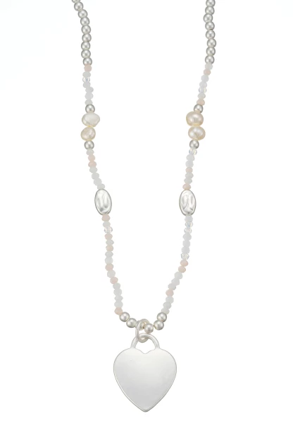 Leslii Lange Halskette Herz Glasperlen Weiß Silber
