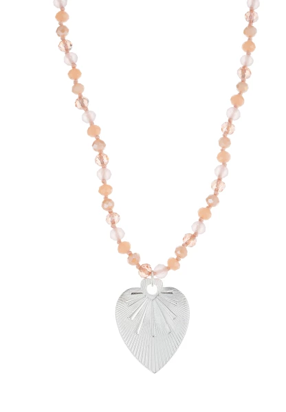 Leslii Lange Kette Herz Glasperlen Edelstahl Silber Beige