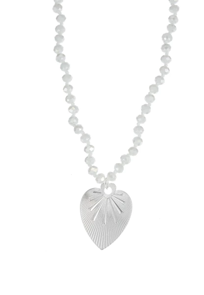 Leslii Lange Kette Herz Glasperlen Edelstahl Silber Weiß
