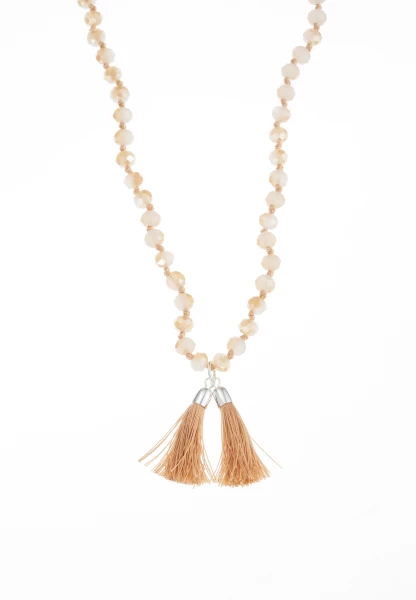 Leslii Lange Kette Tassel Glasperlen Edelstahl Silber Beige