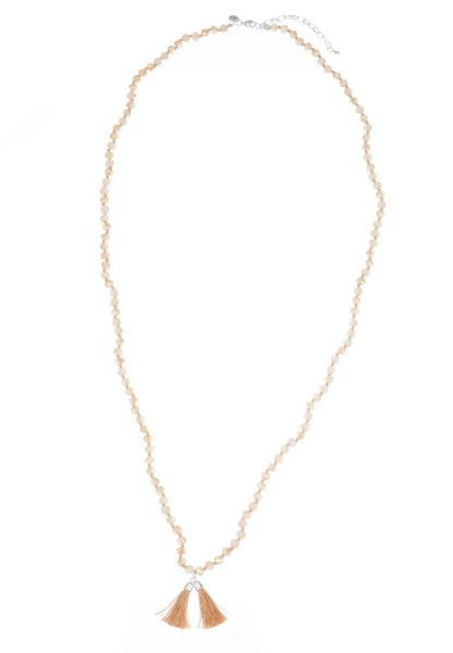 Leslii Lange Kette Tassel Glasperlen Edelstahl Silber Beige