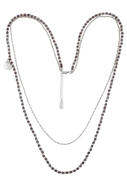 Leslii Layering lange Halskette Glasperlen Grau Gunmetal Dunkelrot Silber