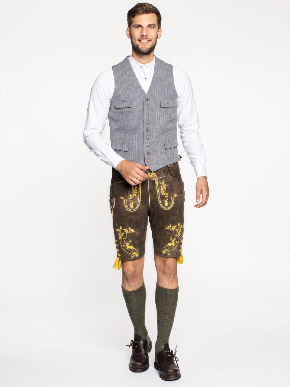 Limberry Braune Lederhose Mit Gelber Stickerei - MAX BRAUN