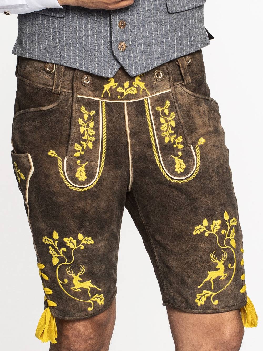Limberry Braune Lederhose mit gelber Stickerei - MAX BRAUN