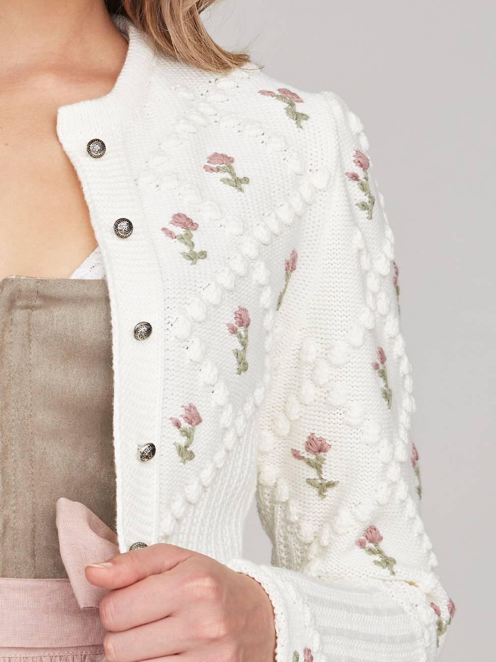 Limberry Cremeweiße Strickjacke Mit Rosa Blumenstickerei - ROMY