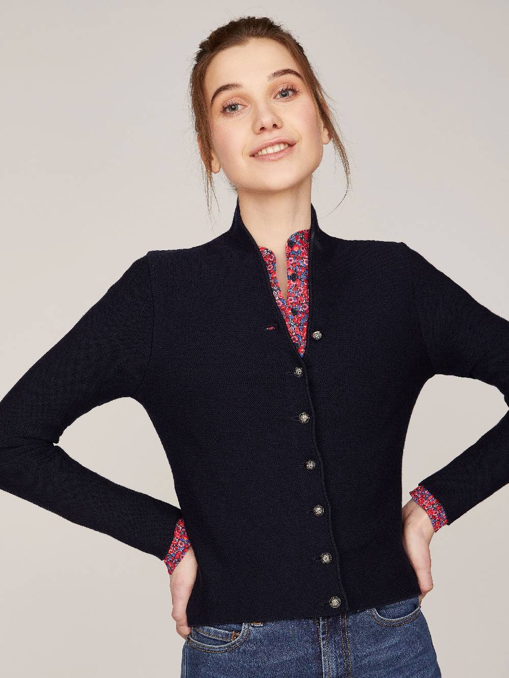 Limberry Dunkelblaue Trachten-Strickjacke Mit Stehkragen - ANNA MARINE