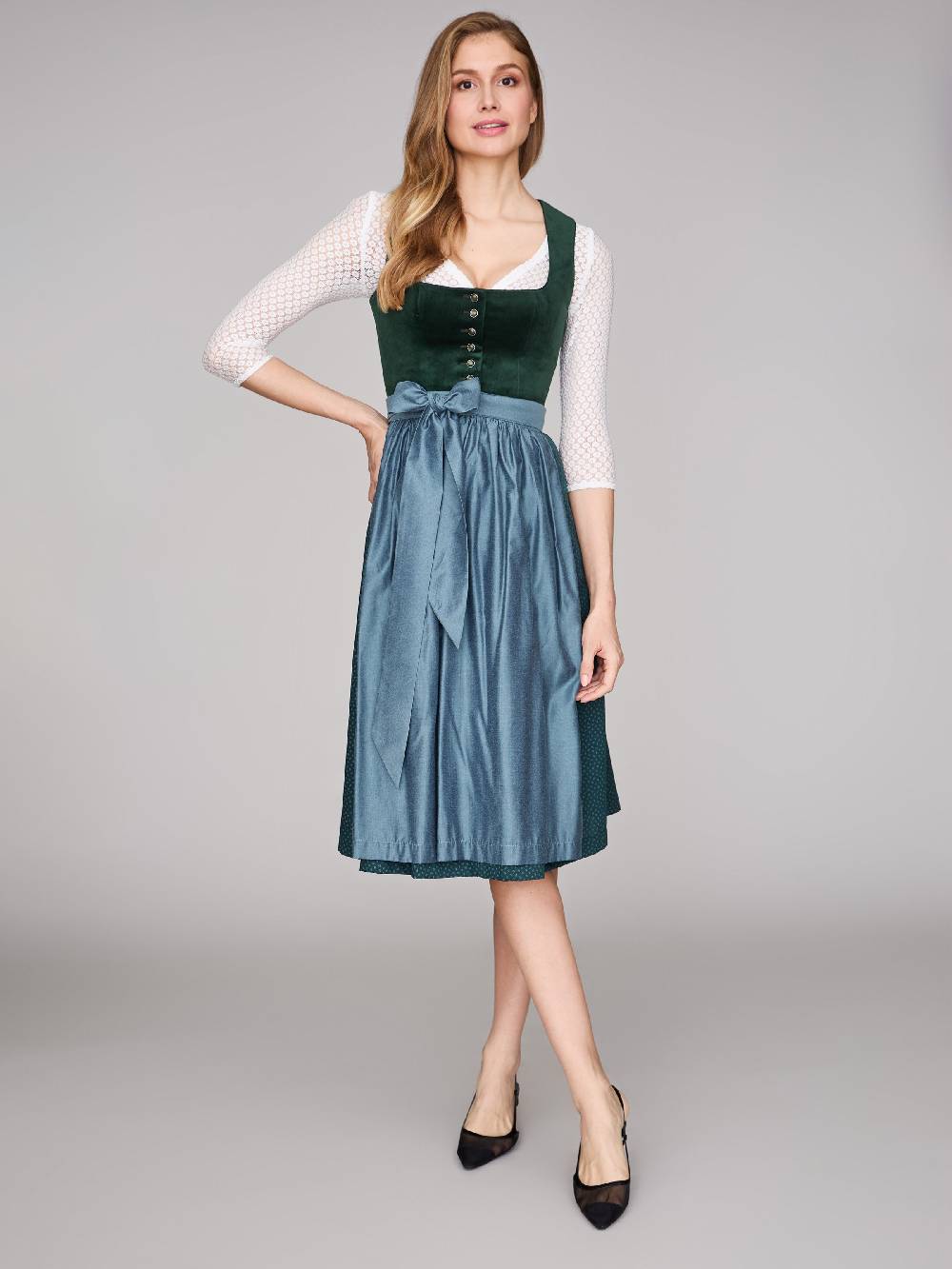 Limberry Dunkelgrünes Samt-Dirndl Mit Knöpfen - LUCINDA PINE GROVE