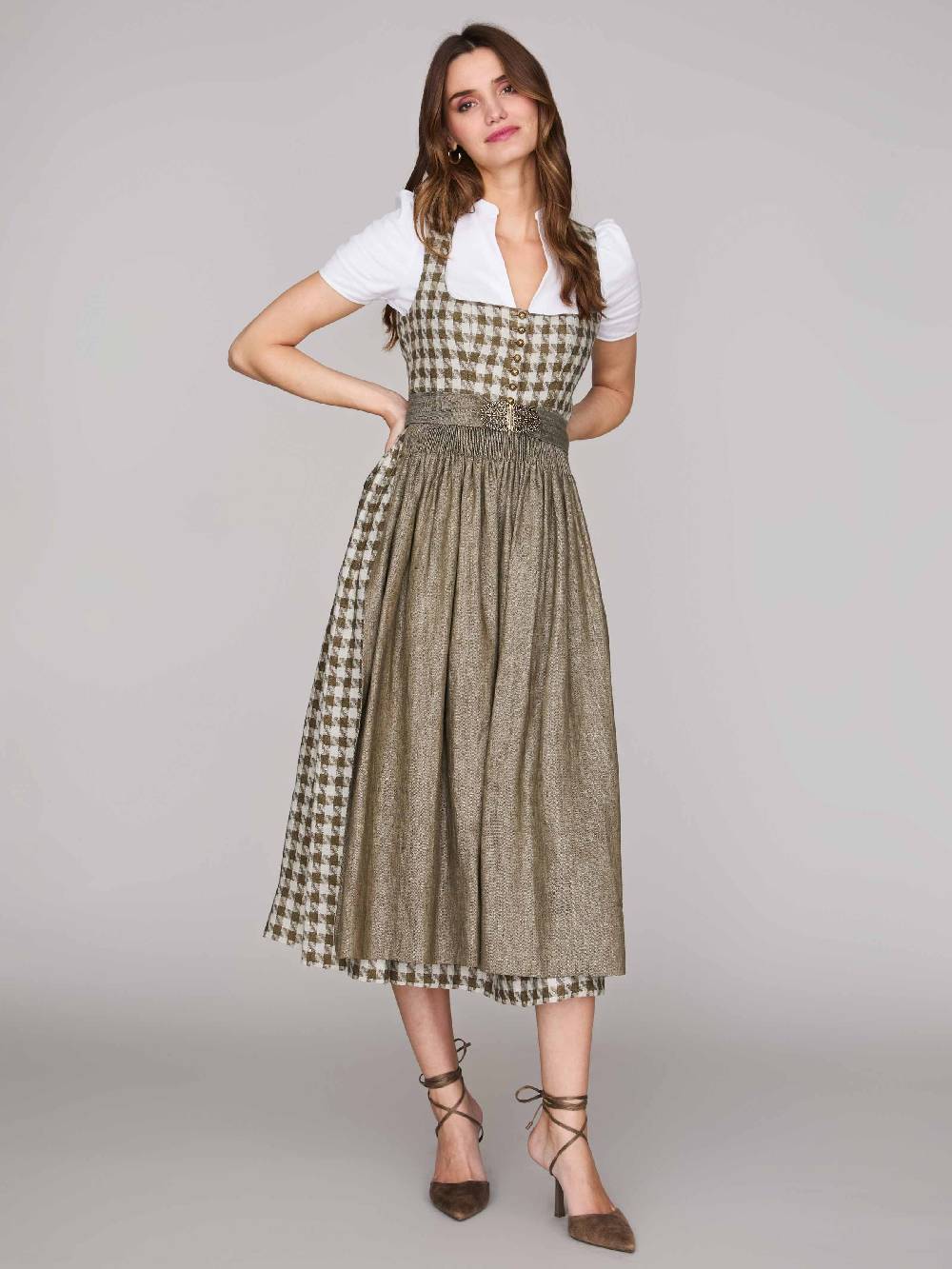 Limberry Grünes Leinen-Dirndl Mit Hahnentrittmuster - MONIKA OLIV