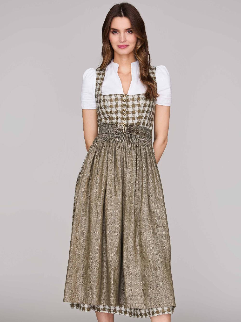 Limberry Grünes Leinen-Dirndl mit Hahnentrittmuster - MONIKA OLIV