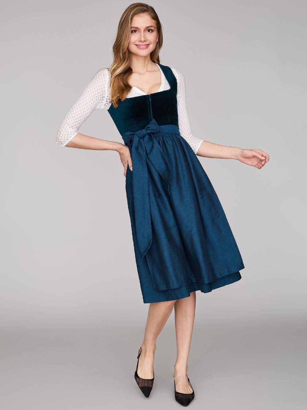 Limberry Petrolblaues Dirndl Mit Samt-Mieder - ROMEE DARK TEAL