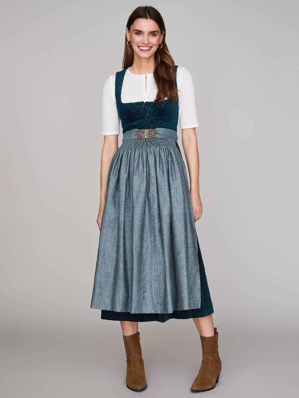 Limberry Petrolfarbenes Dirndl Aus Gemustertem Samt - ANTONIA CADMIUMGRÜN