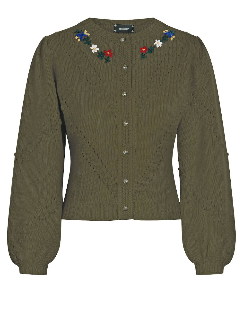 Limberry Strickjacke in Moosgrün mit Blumenstickerei - THERESA