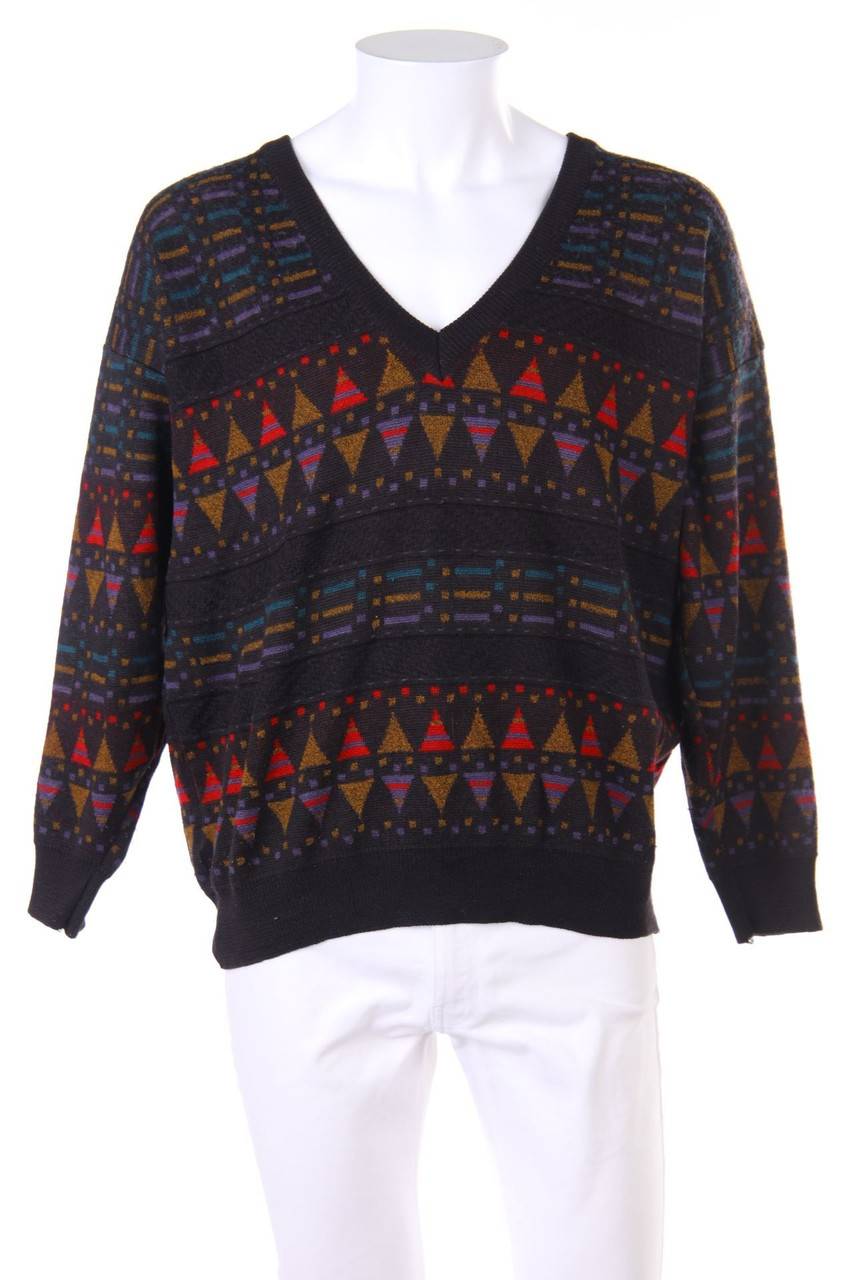 Carou ENZO LORENZO V-Neck-Pullover aus Woll-Mix mit geometrischem Muster