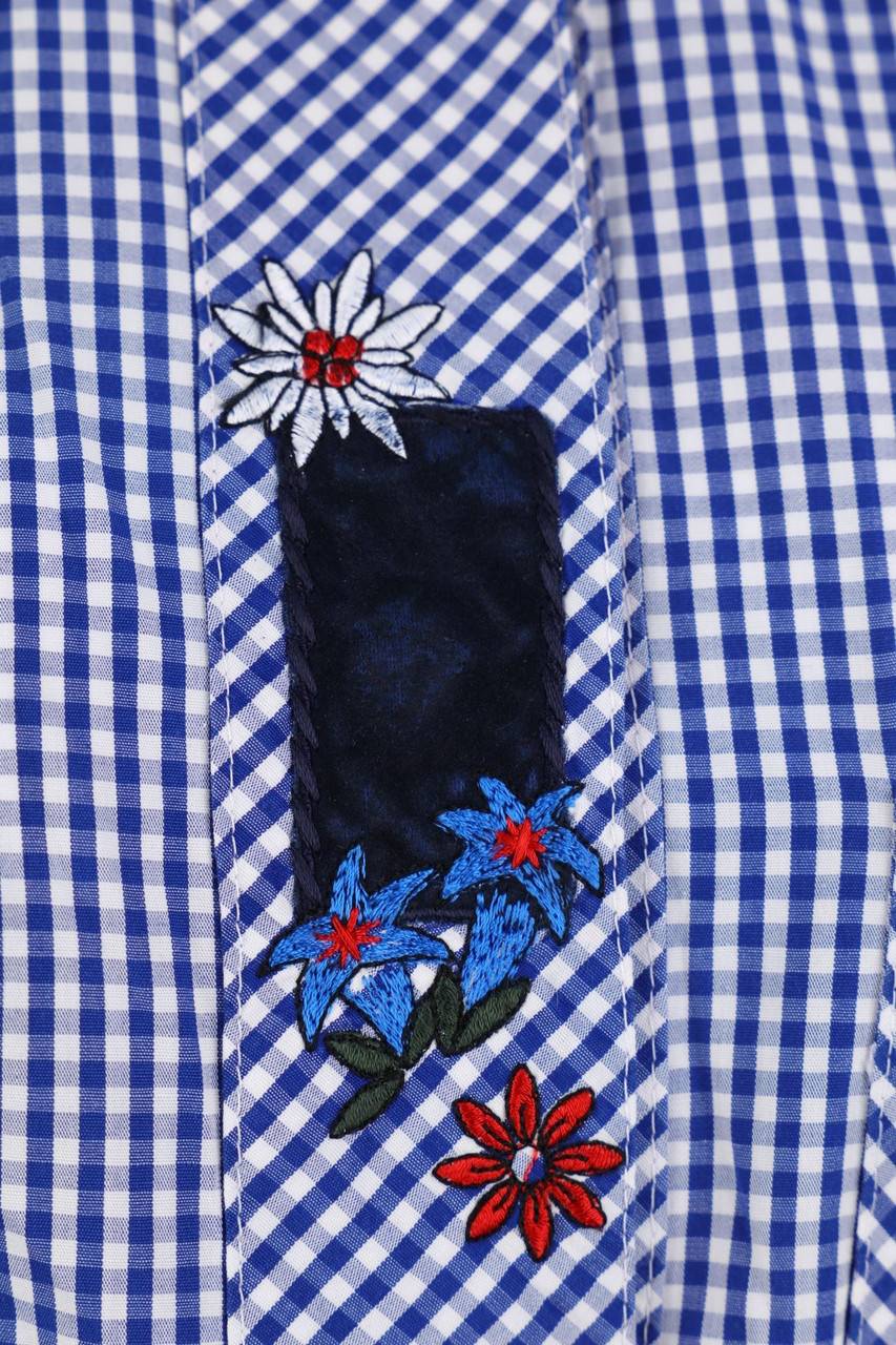 Carou Gede Trachten-Karo-Kurzarm-Bluse Mit Stickereien