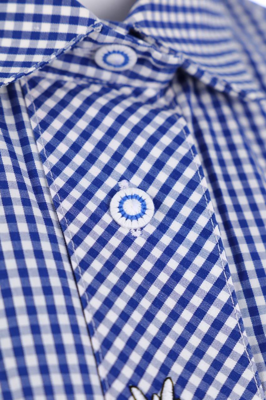 Carou Gede Trachten-Karo-Kurzarm-Bluse Mit Stickereien