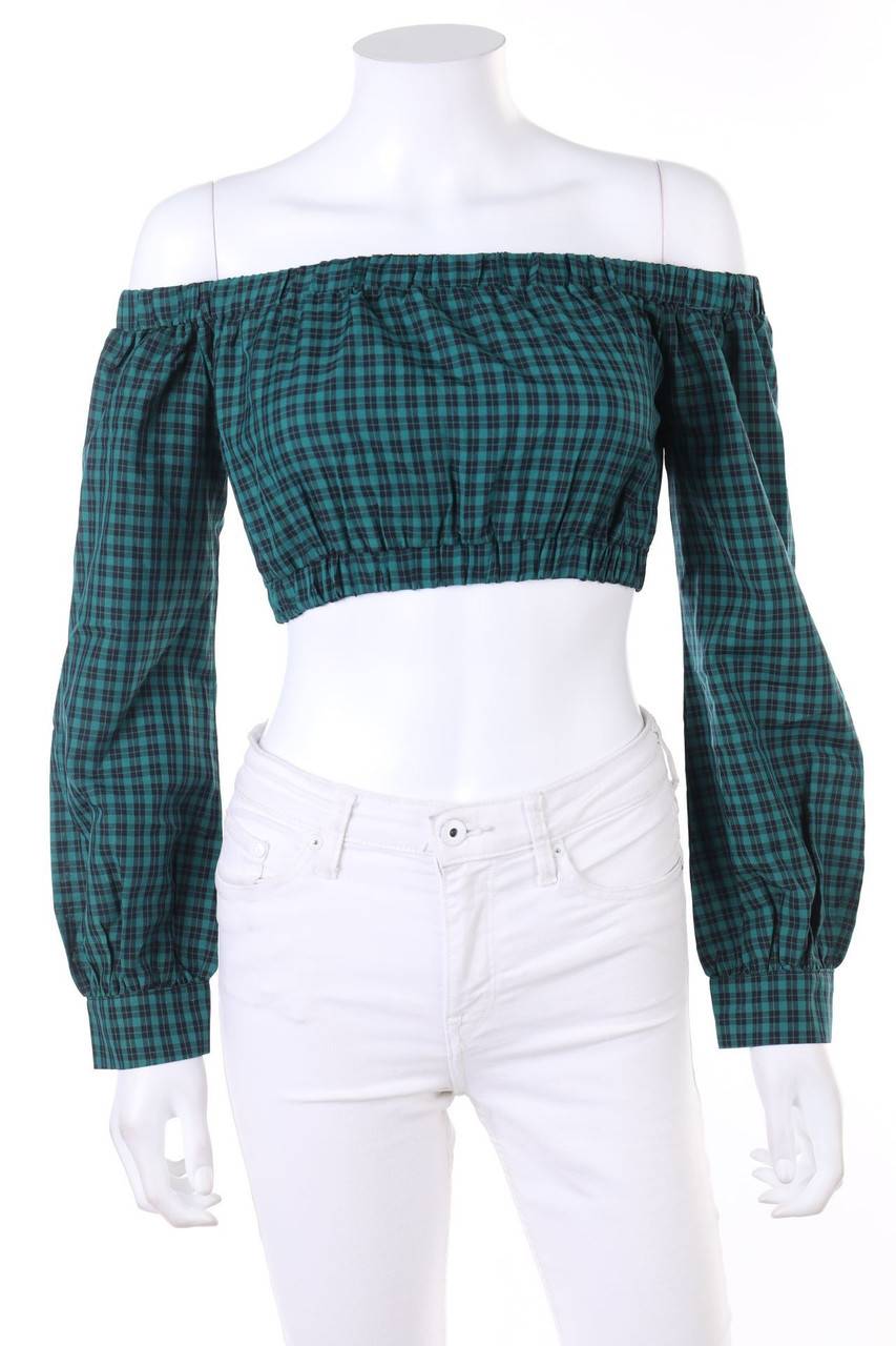 Carou MISSGUIDED Cropped-Carmen-Bluse mit Karo-Muster