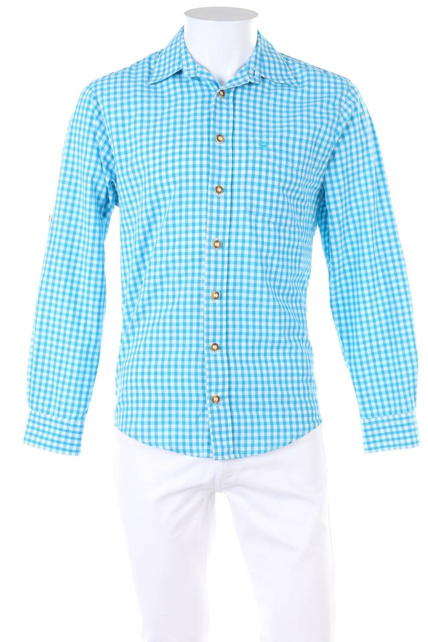 Carou OS Trachten Trachten-Hemd mit Krempel-Ärmeln mit Logo-Stickerei