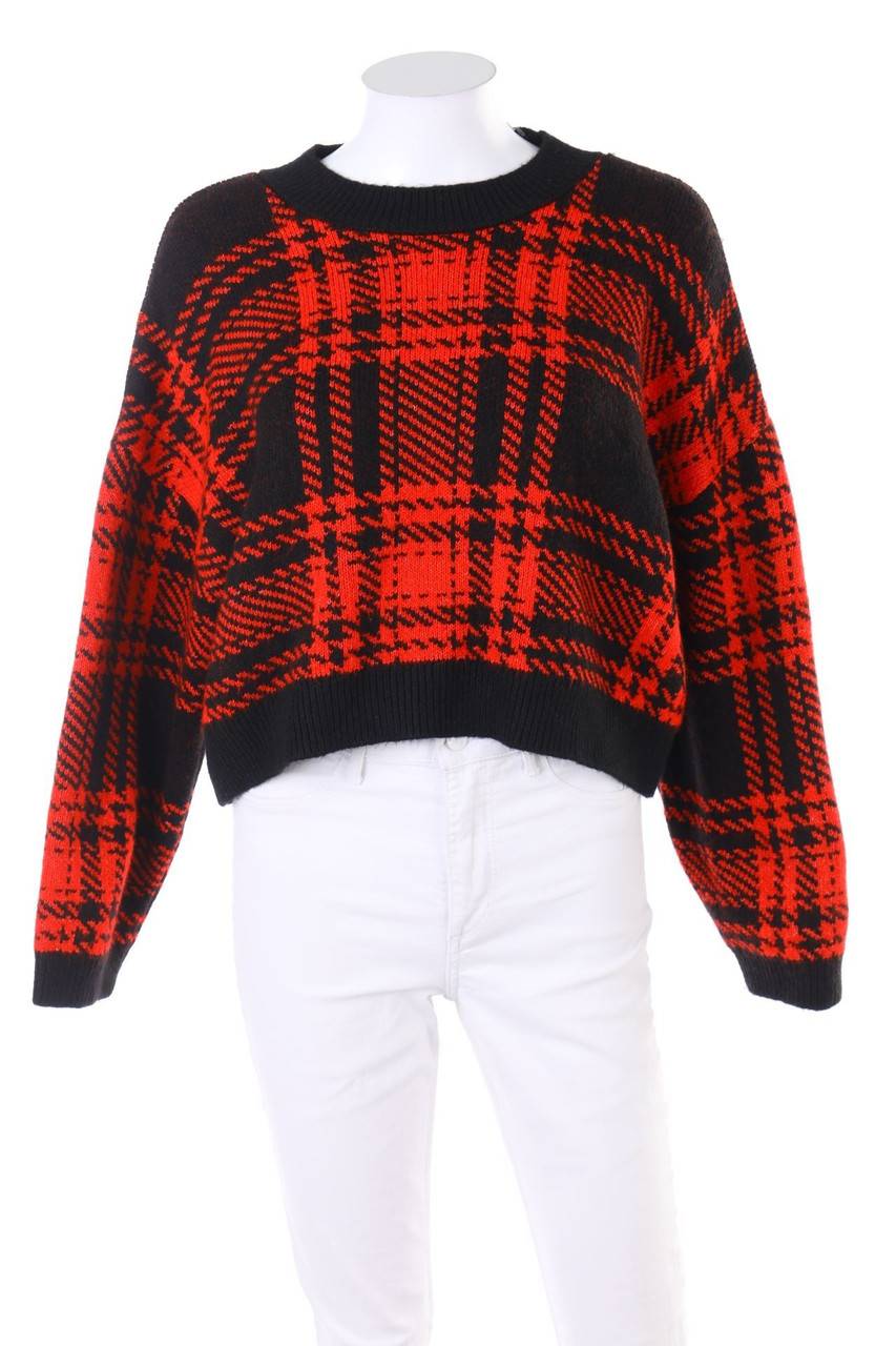 Carou Stradivarius Cropped-Strick-Pullover mit Tartan-Muster