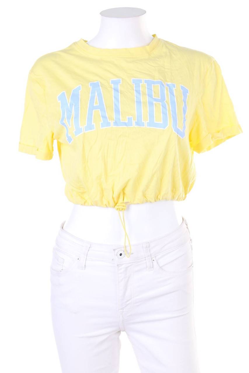 Carou TERRANOVA Cropped-Kurzarm-Shirt aus Baumwolle mit Statement-Print mit Gummizug