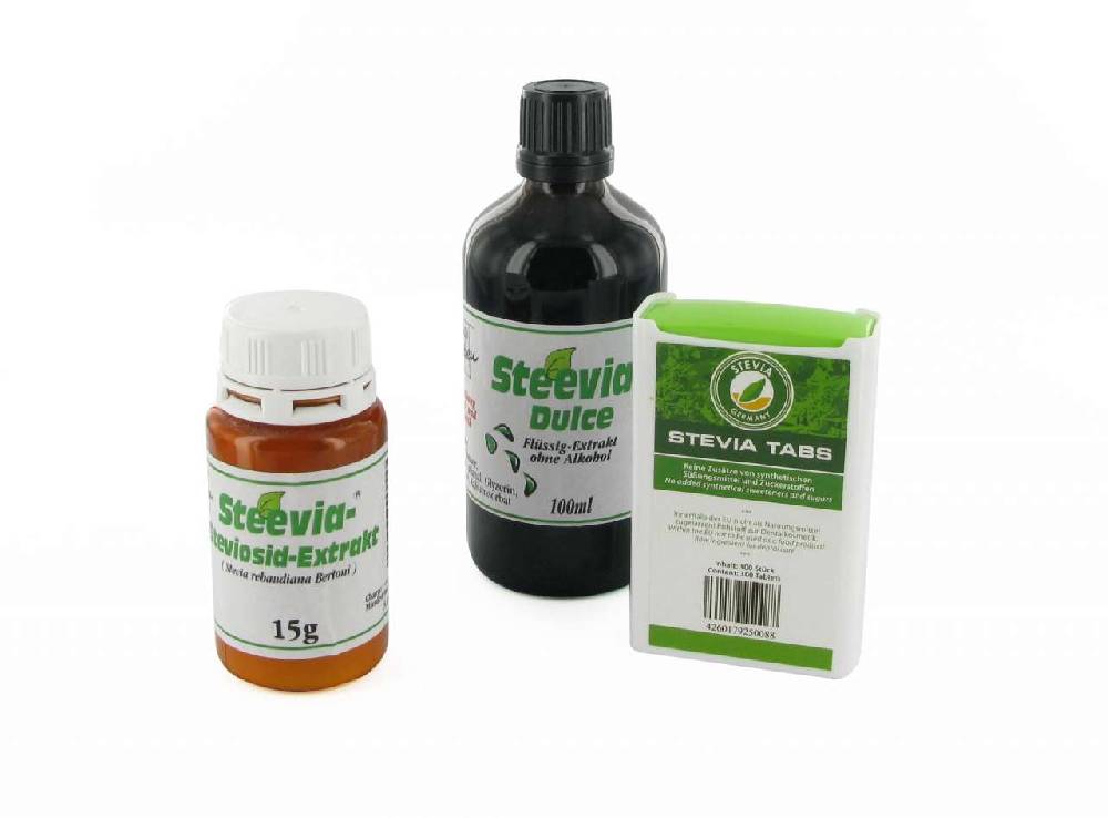 purenature Stevia Set: Powder 15 g, 250 Tabs, Dulce 100 ml