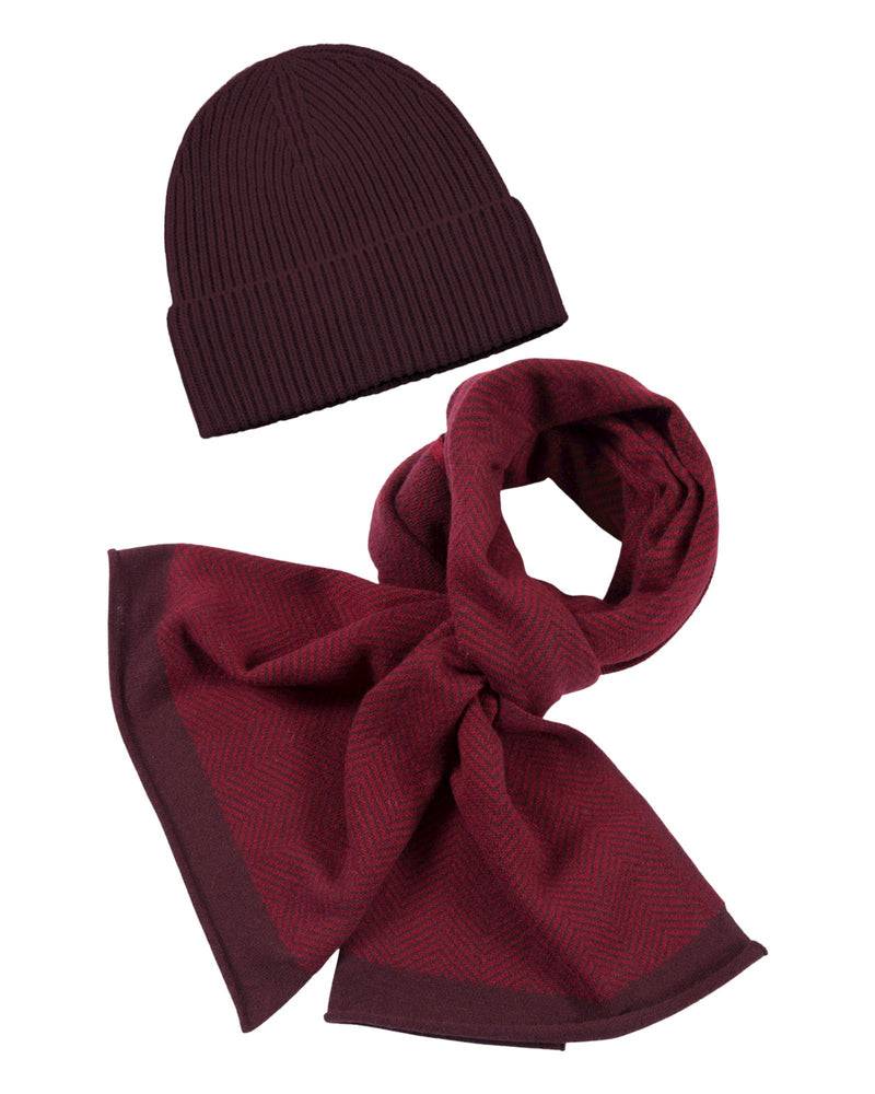 Loevenich Kaschmir-Mütze, hoch + Schal mit geometrischem Muster - Vino