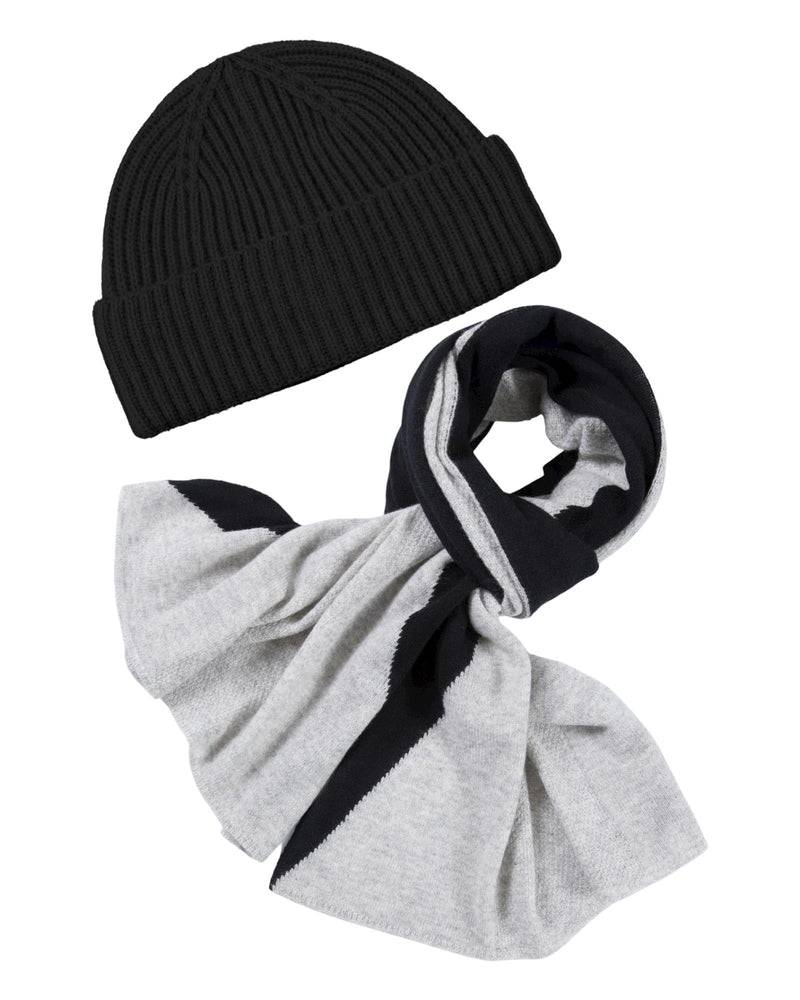 Loevenich Kaschmir-Mütze + Schal mit geometrischem Muster - Schwarz