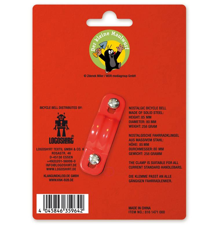 Logoshirt Der Kleine Maulwurf - Roller - Fahrradklingel Retro - Groß - Ø 80 Mm - Rot