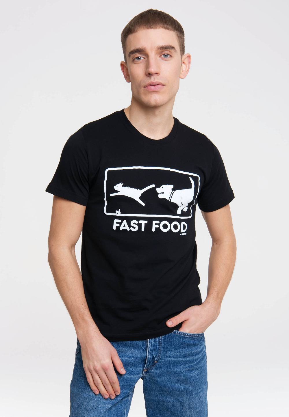 Logoshirt Fast Food - Hund Jagt Katze - T-Shirt Print